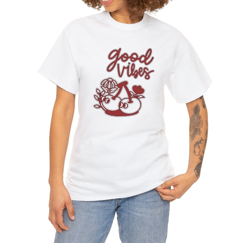 Good Vibes Cute Cartoon Cherries with Flowers  - White Shirt with Red Design